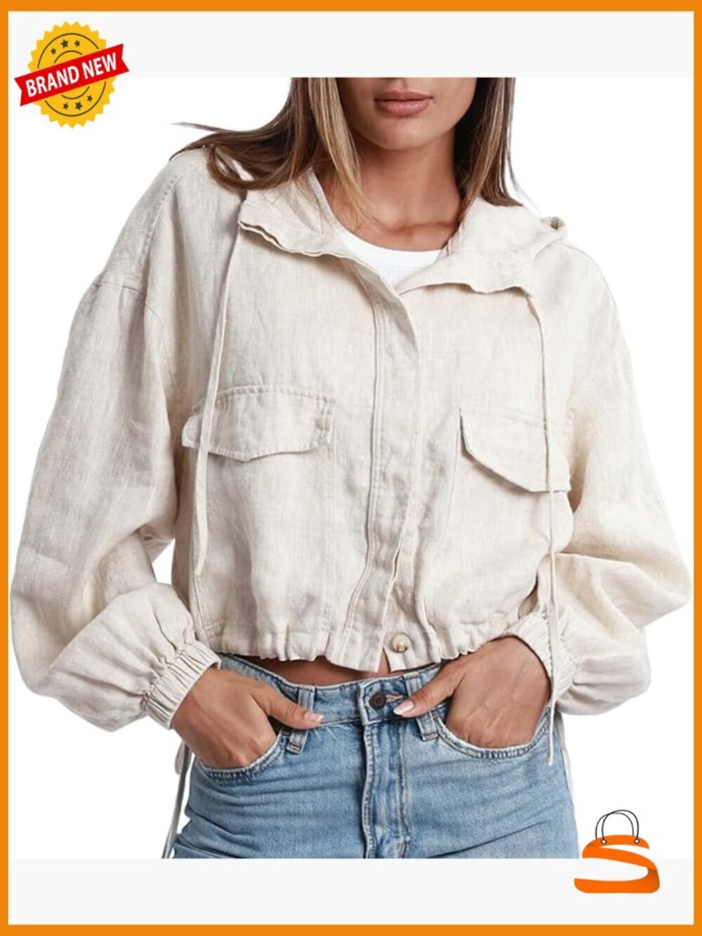 Pure Linen Button Front Long Sleeve Drawstring Hooded Jacket Coat